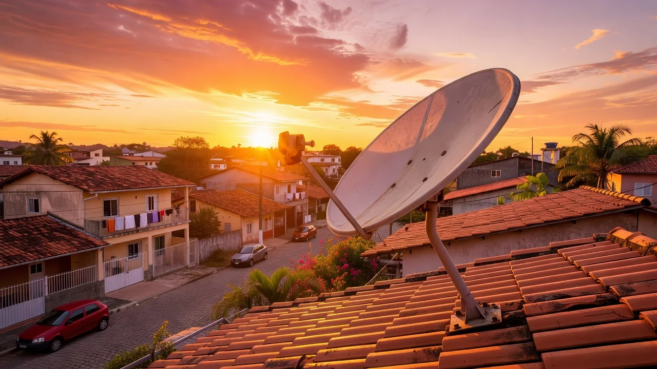 Antena parabólica doméstica apontada para o céu ao entardecer