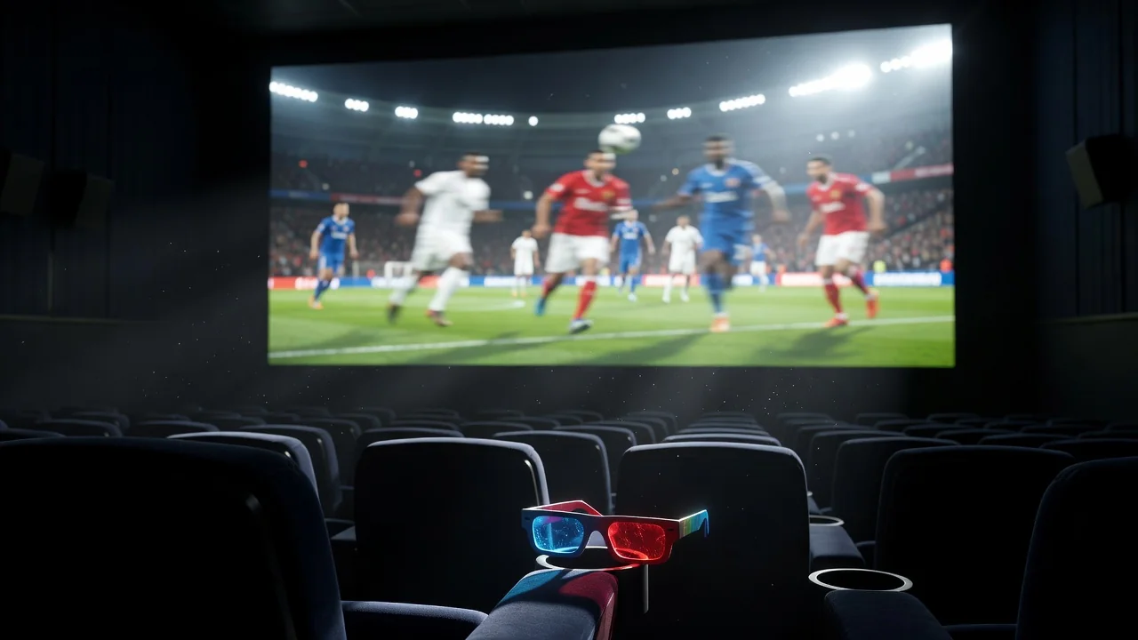 Sala de cinema exibindo partida de futebol