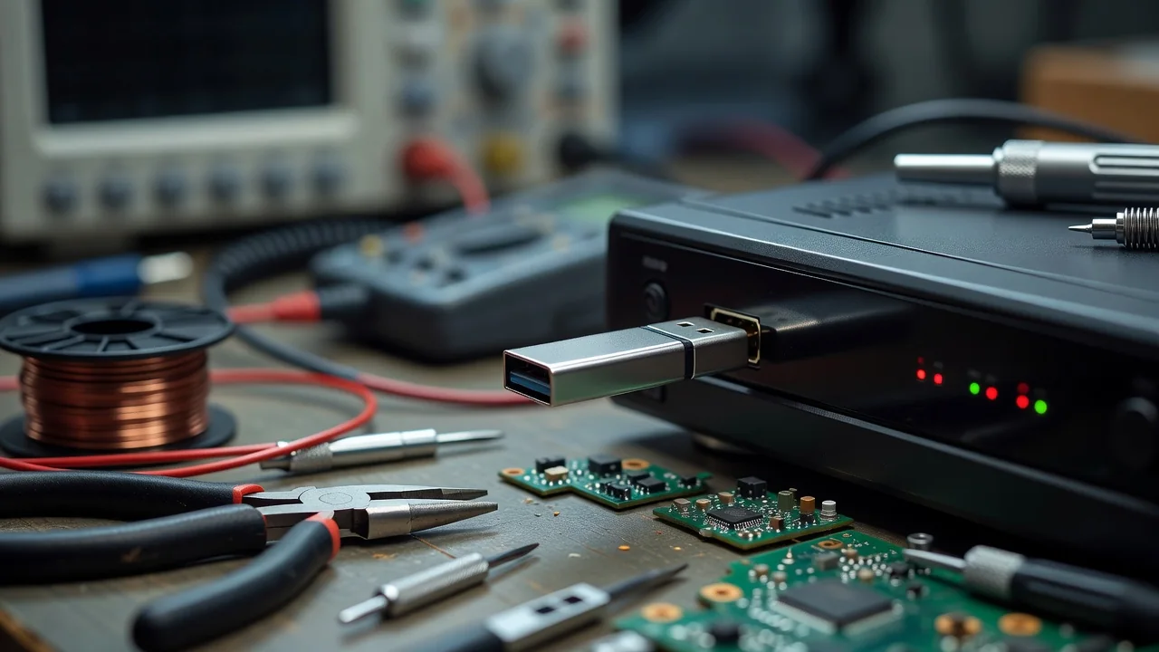 Pendrive conectado a receptor de satélite em close, iluminação de bancada