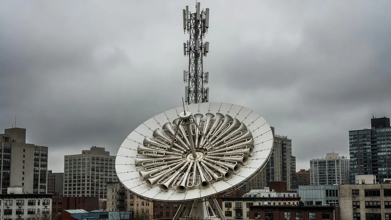 Antena parabólica de banda C com torre de celular ao fundo, céu urbano