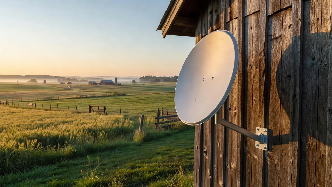 Antena de internet via satélite instalada em telhado rural