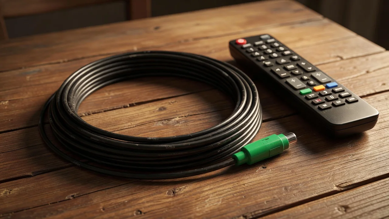 Televisor em parede ao lado de antena parabólica vista pela janela