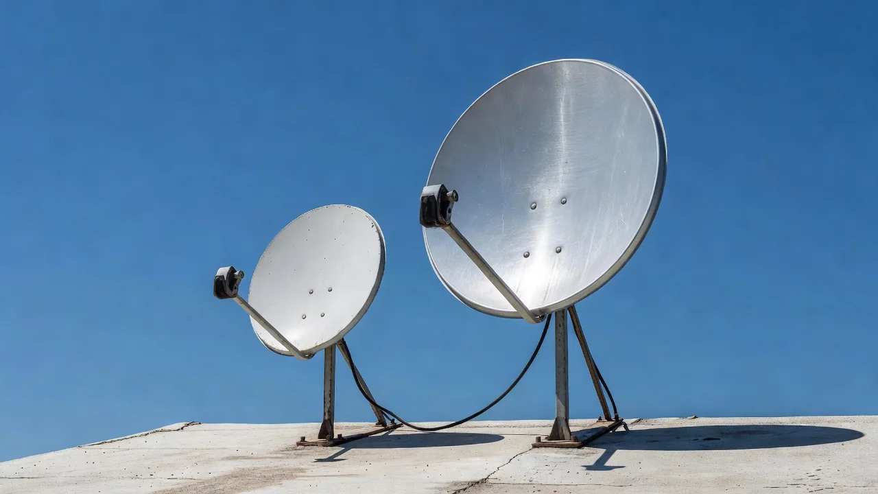 Duas antenas parabólicas de tamanhos diferentes em telhado, céu limpo