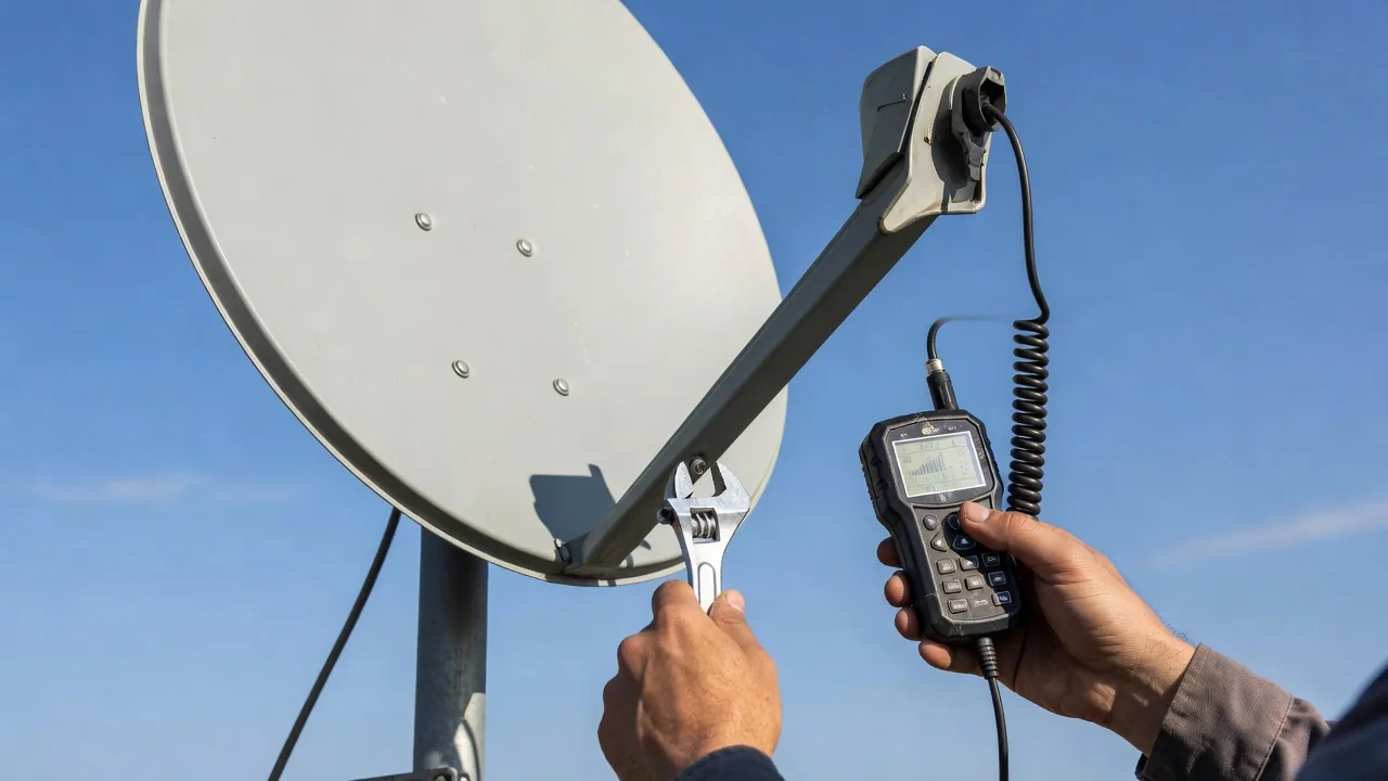 Técnico ajustando antena parabólica com medidor de sinal