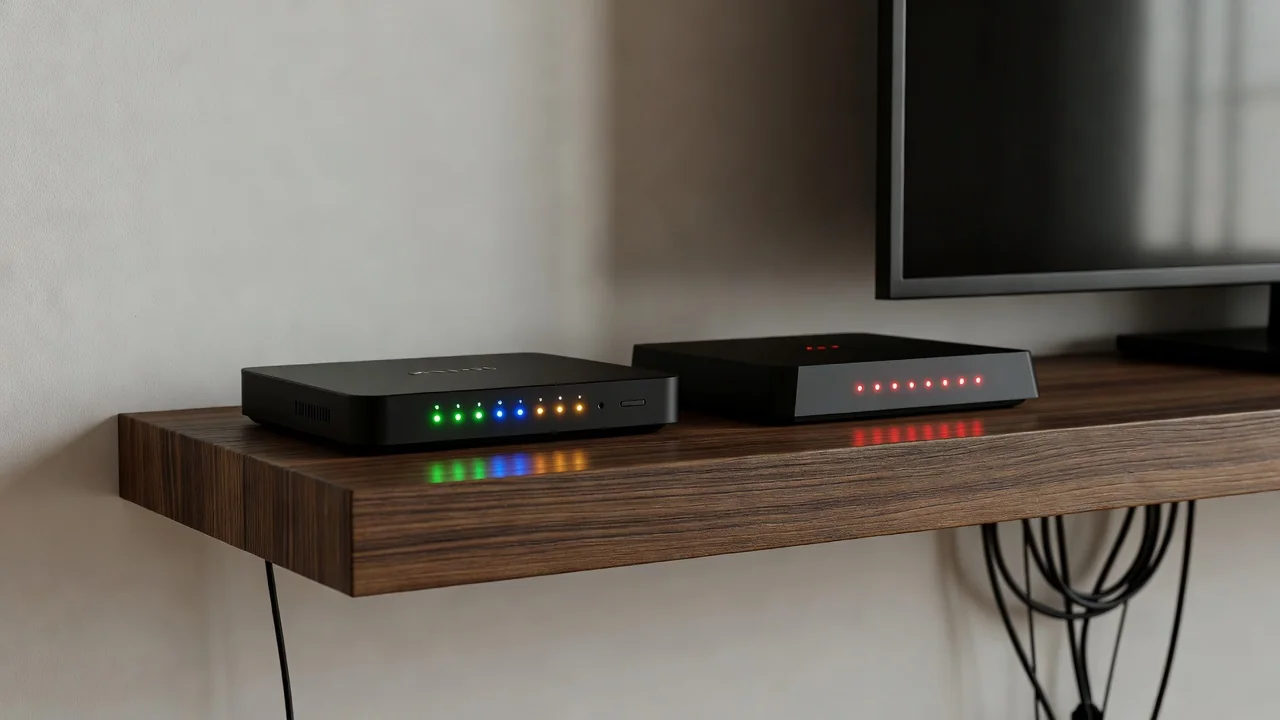 Modem de fibra e receptor na estante