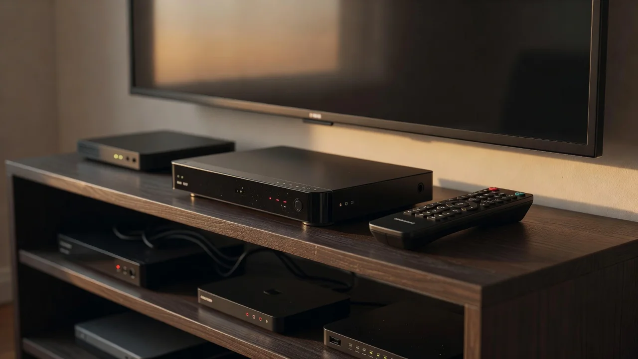 Receptor de TV por satélite sobre rack de sala com controle remoto