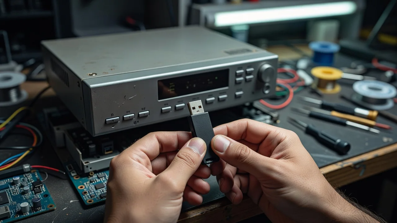 Mãos segurando pendrive diante de receptor de satélite apagado